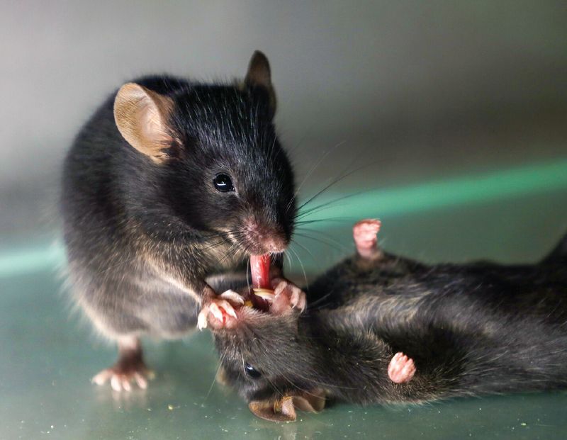 A mouse pulls the tongue of an unconscious cage mate, which could open the animal’s airway.
