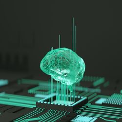 An illustration showing a green lit up grid on a dark background with the shape of  human brain appearing to rise out of the grid to show AI 