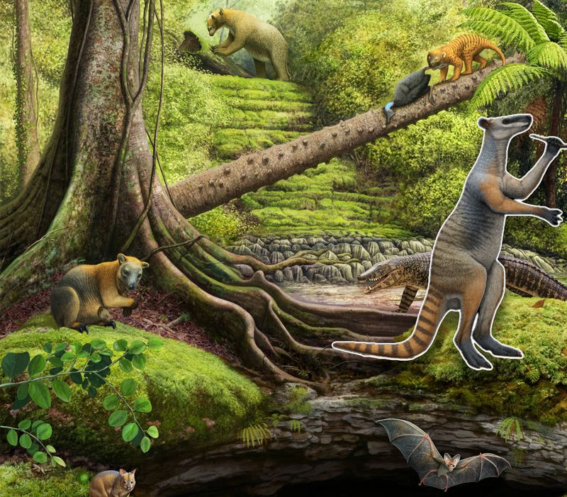 A Protemnodon superimposed on an artist's representation of the environment when the area around Queensland's Mount Etna was rainforest. 