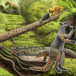 A Protemnodon superimposed on an artist's representation of the environment when the area around Queensland's Mount Etna was rainforest. 
