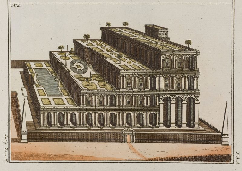 A colored engraving of the hanging gardens of Babylon by Robert von Spalart from the early 19th century.