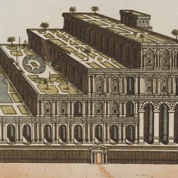 A colored engraving of the hanging gardens of Babylon by Robert von Spalart from the early 19th century.