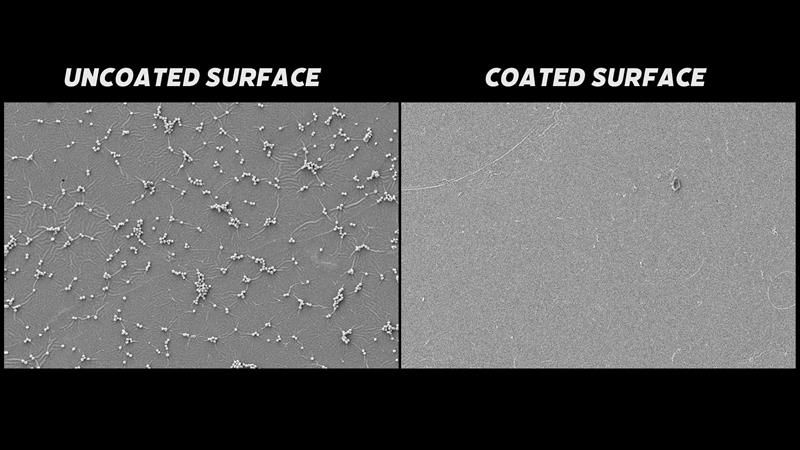 two microscope images side to side. one shows several bacteria growing in little groups on a surface. next to it is a similar surface but coated with the special epoxy resin. No bacteria can be seen on it.