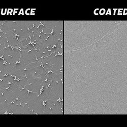 two microscope images side to side. one shows several bacteria growing in little groups on a surface. next to it is a similar surface but coated with the special epoxy resin. No bacteria can be seen on it.