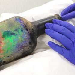 A scientist with rubber gloves touches an old bottle  made between 1790 and 1840.