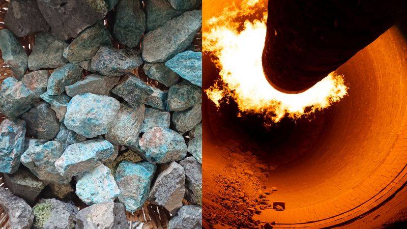 weathered olivine rocks (left); close up of the inside of a rotary kiln (right)