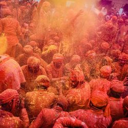 People in the Indian city of Vrindavan celebrate Holi, known as the Festival of Colours.