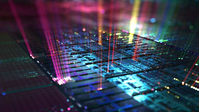 close up 3d rendering of a silicon wafer, with multicolored beams of light coming out of it in a random pattern