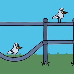 illustration of two seagulls standing on a metal fence; one of the fence bars is bent, making it look as though the seagull is responsible