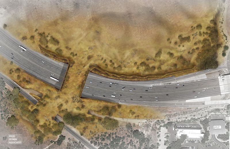 An artist's impression of what the Wallis Annenberg Wildlife Crossing will look like upon completion; bird's eye view of the Ventura Freeway, with a wide, plant-covered bridge stretching across it