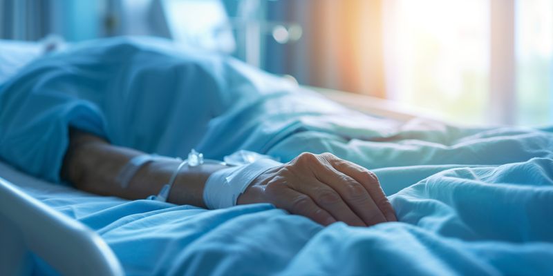 Closeup of patient's arm with IV drip in a hospital bed, symbolizing death and old age