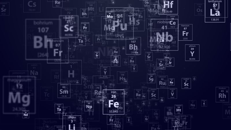 The little square in the periodic table are placed in random order some appearing closer to the viewer other further away.