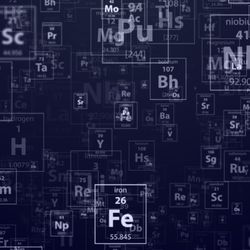 The little square in the periodic table are placed in random order some appearing closer to the viewer other further away.