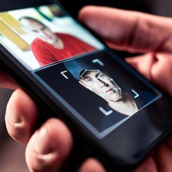 A photo showing someone's hand holding a smart phone. The phone's screen has two images on it, one above the other. In the top one, a man with a red t-shirt appears to be facing the screen, while the bottom image shows a close-up of a different man who is wearing a black cap and a black t-shirt. The second man has digital lines over the features of his face.