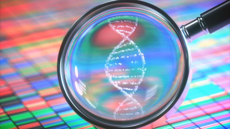 3D illustration. DNA Sanger Sequencing and a Magnifying Glass Showing the DNA Helix.
