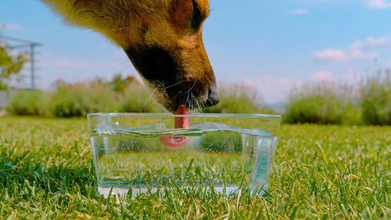 Dog drinking water from a glass bowl placed on a grassy garden lawn. The tongue of brown dog is visible as it laps up the water