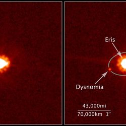 Two images side by side, showing eris as a large bright circular shape orbited by a smaller dot. the second image is the same but annotated. 