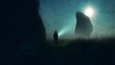 Giant silhouetted against the Moon