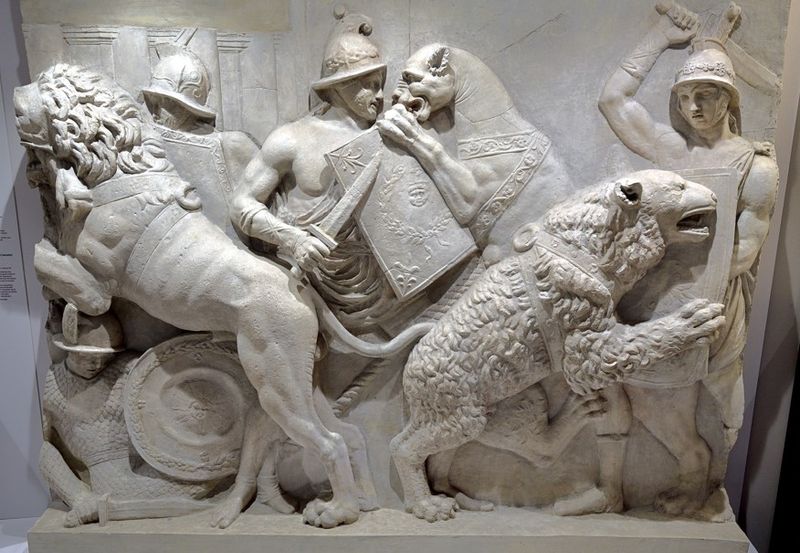 Relief of gladiators fighting lions