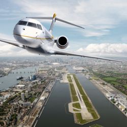 A digitally edited photo showing the Global 8,000 flying away from London. The jet is facing the viewer and below it is the river Thames and key features of the London cityscape. 