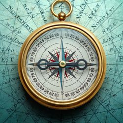 Gold Magnetic old compass on blue world map background