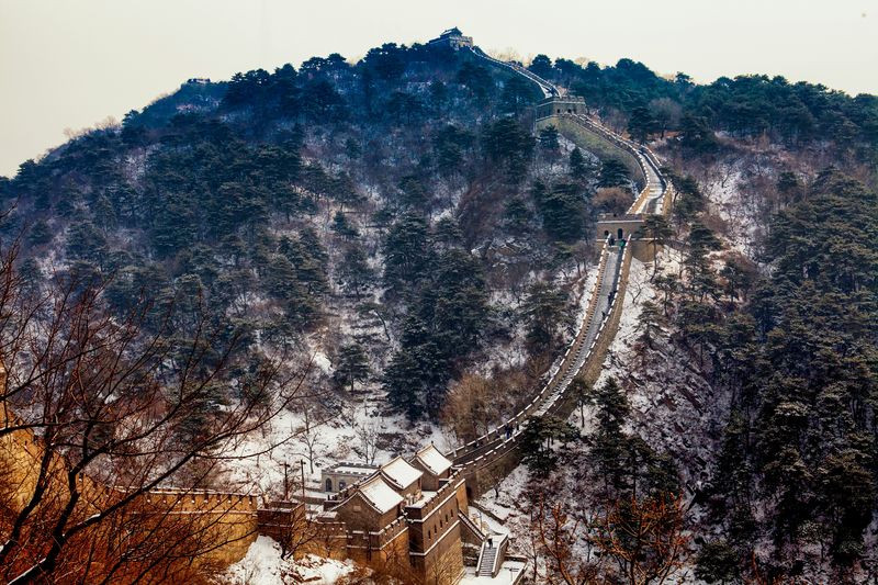 A later part of the Great Wall of China, likely built during the Ming Dynasty (1368–1644 CE).