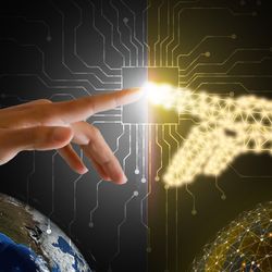 Human hand touching simulation hand
