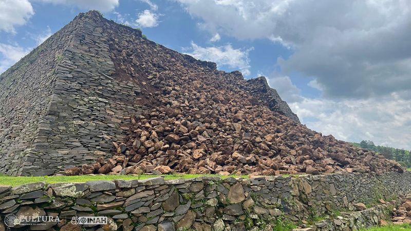 A collapsed pyramid at site of Ihuatzio in Mexico, INAH.