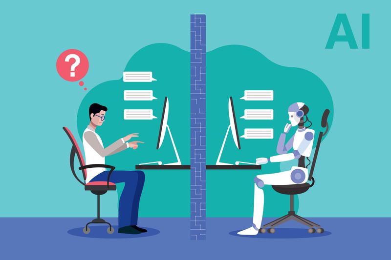 Illustration of person and robot typing on computers facing each other, separated by a brick wall
