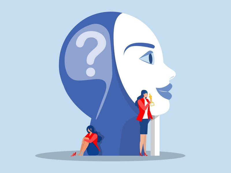 illustration representing imposter syndrome; a large head wearing a mask with a feminine face, but behind it is a thought bubble with question mark where the brain would be; in the foreground, a female figure in a red blazer sits looking dejected while next to her an identical figure is standing upright holding an award