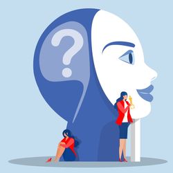 illustration representing imposter syndrome; a large head wearing a mask with a feminine face, but behind it is a thought bubble with question mark where the brain would be; in the foreground, a female figure in a red blazer sits looking dejected while next to her an identical figure is standing upright holding an award