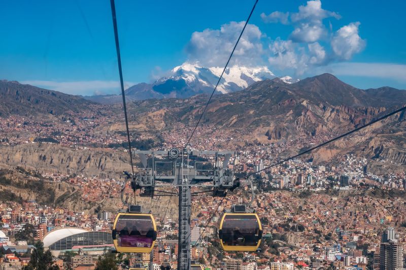 City view of La Paz in Bolivia showing the mountains and cable car