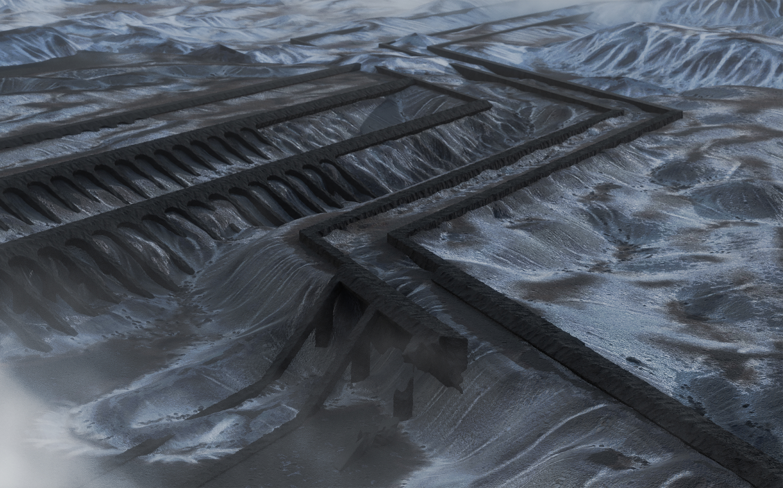 A rendering of the artificial channels that could potentially be used to channel lava. A rendering of the artificial channels that could potentially be used to channel lava.