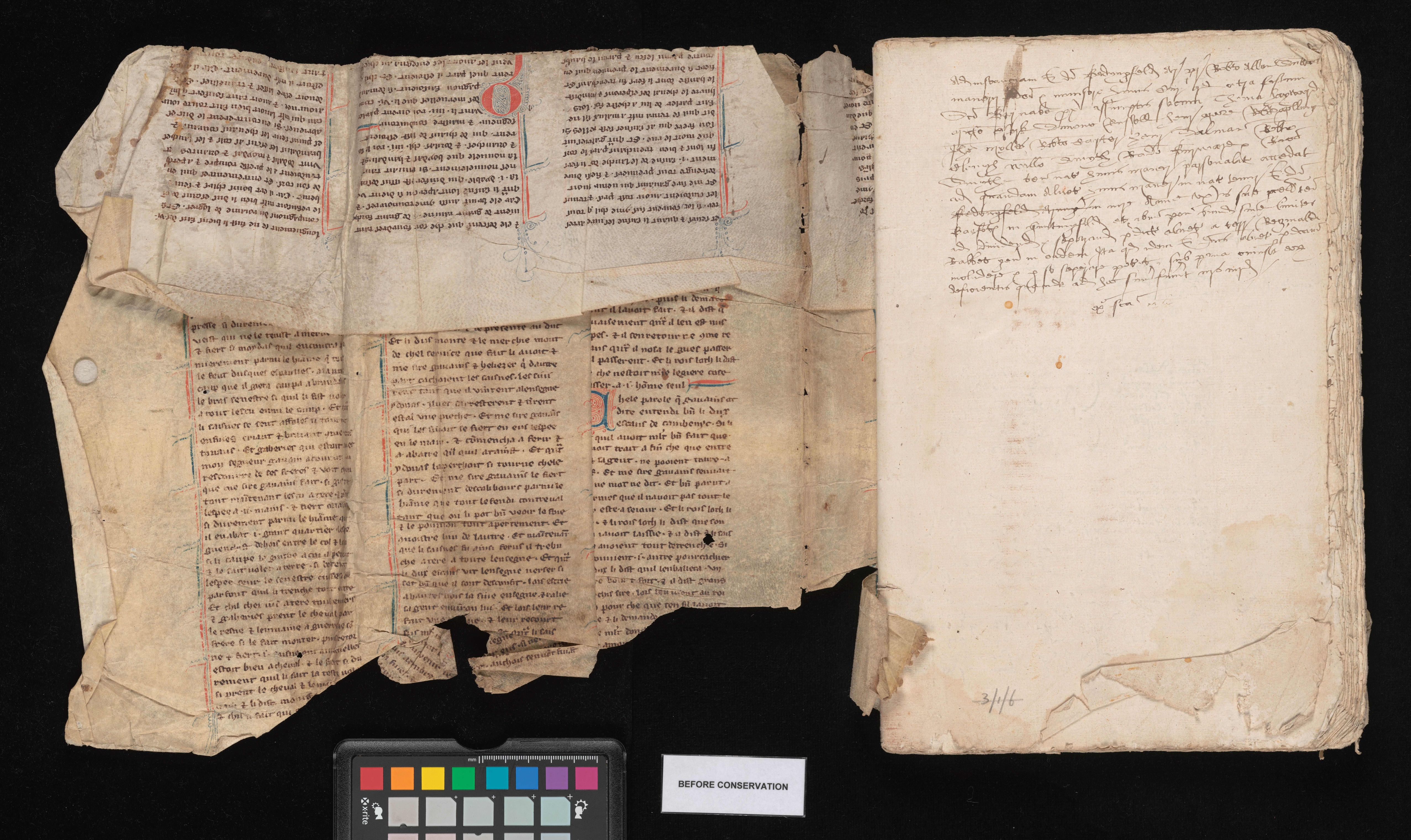 A photo of the folded manuscript (on the left) attached to the book it became the binding for (on the right). The manuscript is folded in two places, showing how the columns of tight medieval text were arranged on the page. The text is interspersed with characteristic illuminated capital letters of medieval script. The book on the right has a paragraph of scratchy handwriting at the top of the first page. The rest of the document is closed but you can see the rough edges of the paper it contains. A photo of the folded manuscript (on the left) attached to the book it became the binding for (on the right). The manuscript is folded in two places, showing how the columns of tight medieval text were arranged on the page. The text is interspersed with characteristic illuminated capital letters of medieval script. The book on the right has a paragraph of scratchy handwriting at the top of the first page. The rest of the document is closed but you can see the rough edges of the paper it contains.