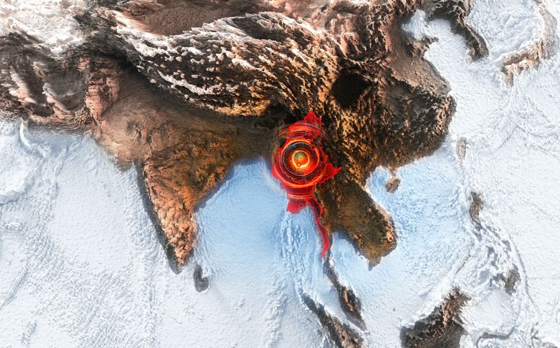 Aerial view of a digitally enhanced map of Southeast Asia showing red concentric circles radiating from Myanmar, indicating seismic activity. Surrounding areas appear topographically detailed.