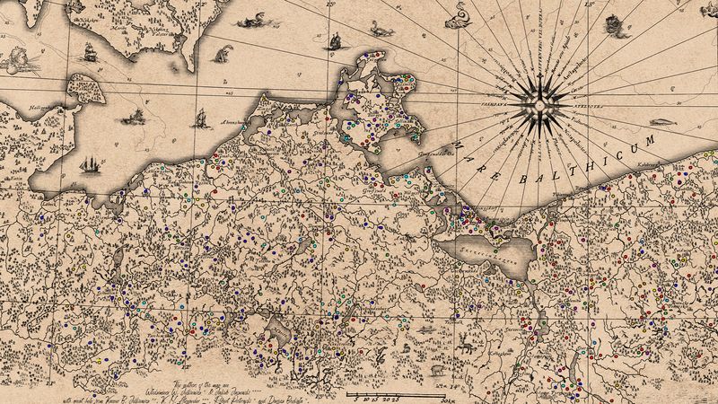 A trimmed image of the map showing the coast of Pomerania and Mecklenburg region with a compass rose in the middle of the sea. The map is designed in the renaissance style and has innumerous coloured dots indicating specific stories. 