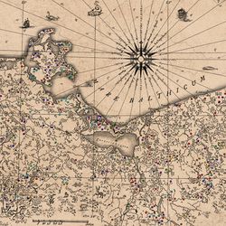 A trimmed image of the map showing the coast of Pomerania and Mecklenburg region with a compass rose in the middle of the sea. The map is designed in the renaissance style and has innumerous coloured dots indicating specific stories. 