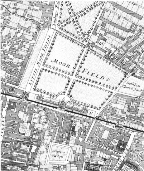 Map of Moorfields, featuring Bethlem Church Yard Map of Moorfields, featuring Bethlem Church Yard