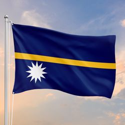Nauru flag waving in front of a sky at sunset
