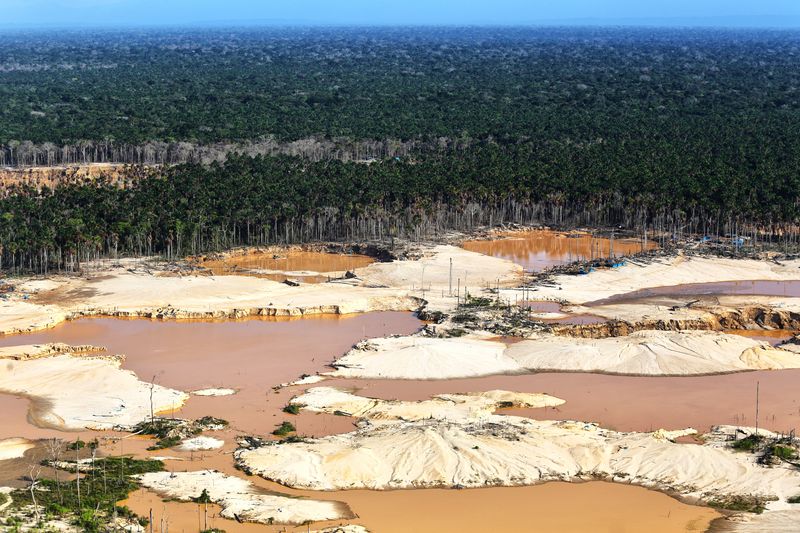 Landscape showing Illegal mining in the Peruvian jungle