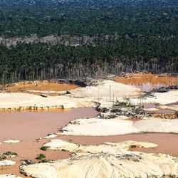 Landscape showing Illegal mining in the Peruvian jungle