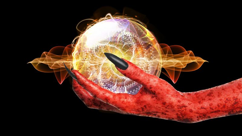 artist impression of a mechanical chain mechanicsm made of light and trapped on a sphere, being held byt a demonic red hand with long bacl fingernails