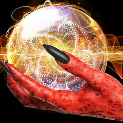 artist impression of a mechanical chain mechanicsm made of light and trapped on a sphere, being held byt a demonic red hand with long bacl fingernails