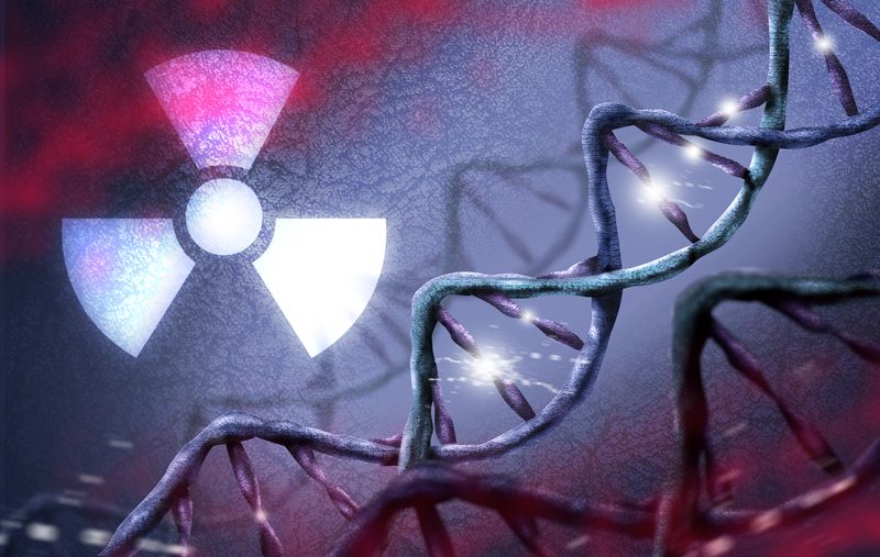 concept art of DNA strand with damage and a radiation hazard symbol