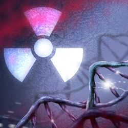 concept art of DNA strand with damage and a radiation hazard symbol