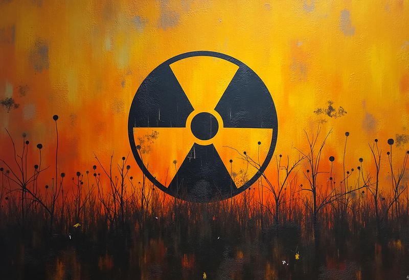 A digital image showing the radiation hazard symbol over the silhouette of some grass and plants. The symbol is imposed against the an orange and yellow background that looks like fire. 
