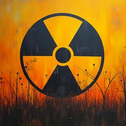 A digital image showing the radiation hazard symbol over the silhouette of some grass and plants. The symbol is imposed against the an orange and yellow background that looks like fire. 