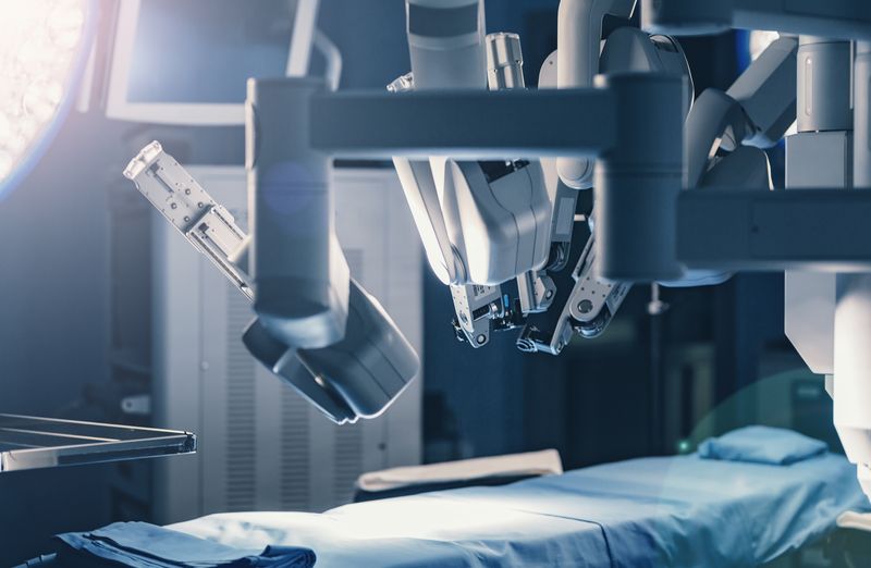 Surgical room in hospital with robotic technology equipment