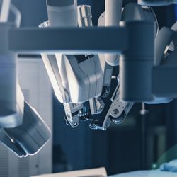 Surgical room in hospital with robotic technology equipment
