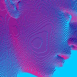 Abstract digital, robotic human head constructing from cubes